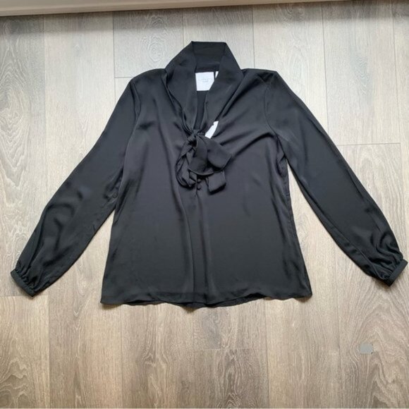 Revolve L'Academie 70's Blouse Neck Tie Black Long Sleeve Satin Size XS - Picture 6 of 14